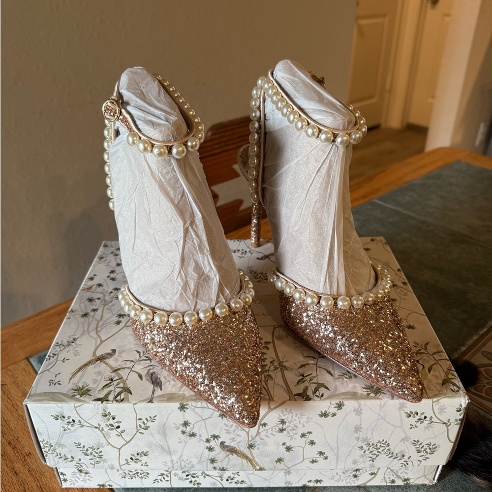 Rose Gold Nicola Bathie x Antonio Melani Pearl-Embellished Glitter Heels